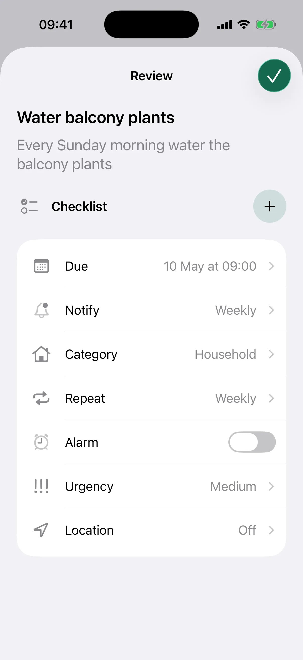 NotNow review screen for a plant reminder