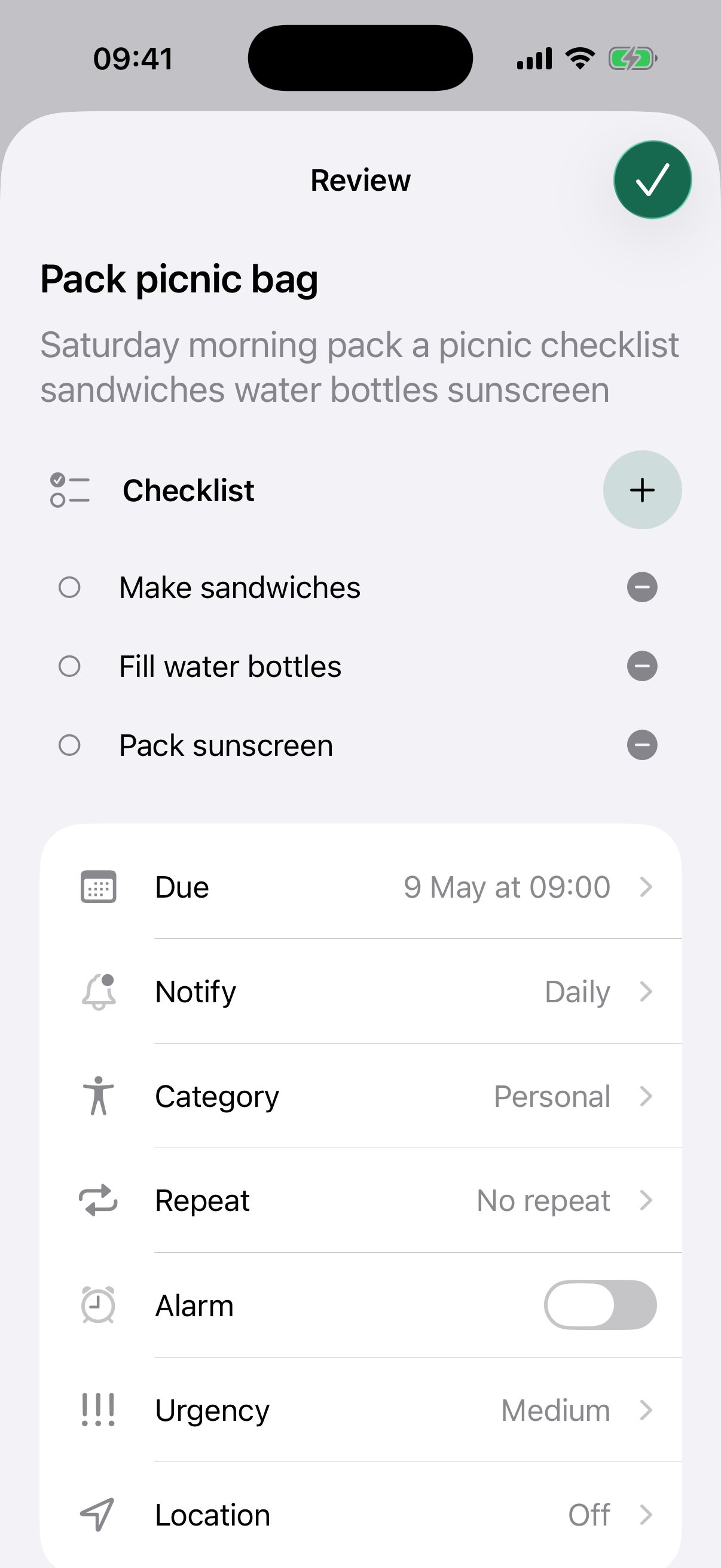 NotNow picnic checklist review screen