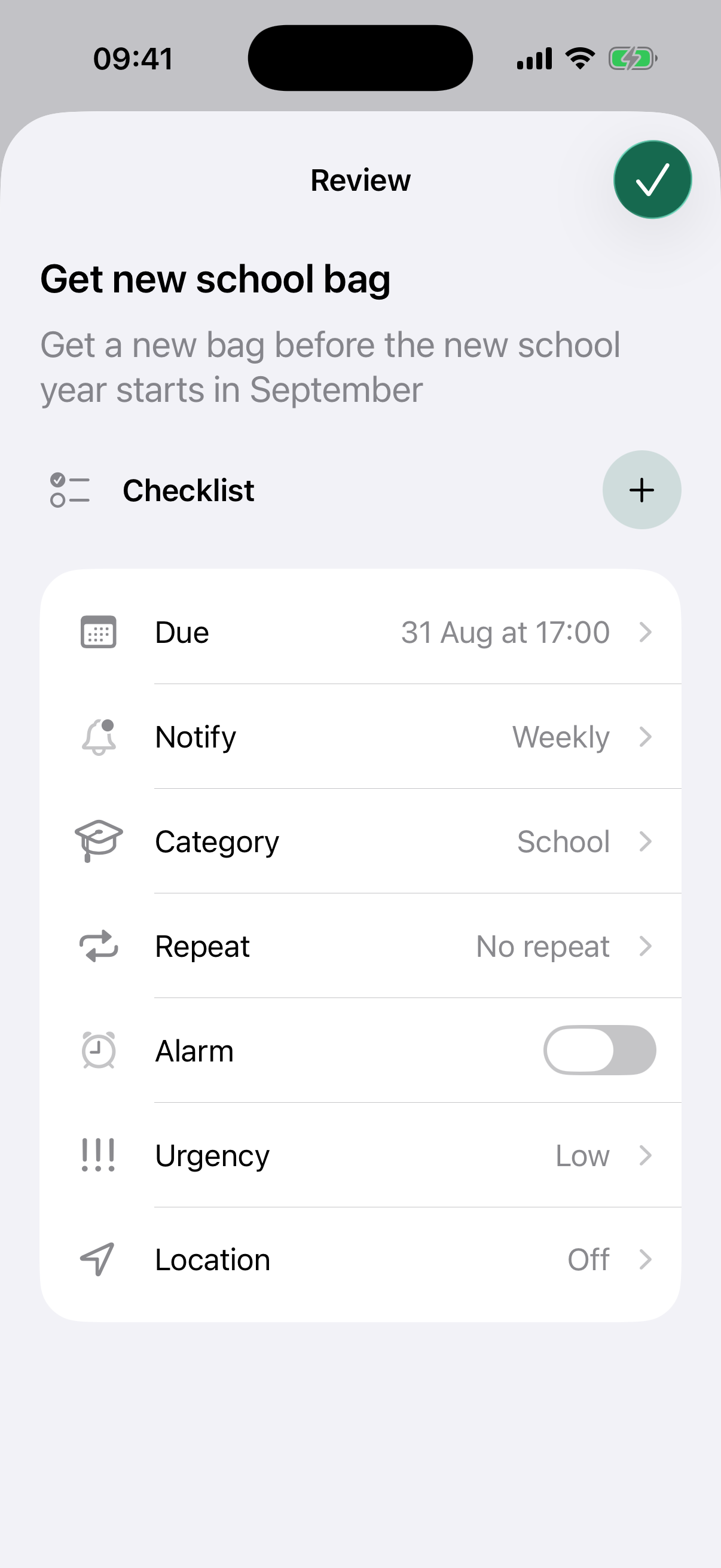 NotNow school bag checklist review screen